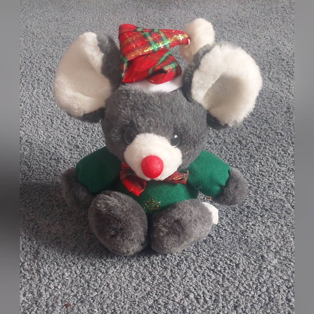 Vintage TB Trading Co Christmas Mouse Plush Stuffed Toy Gray Green Hat 6"